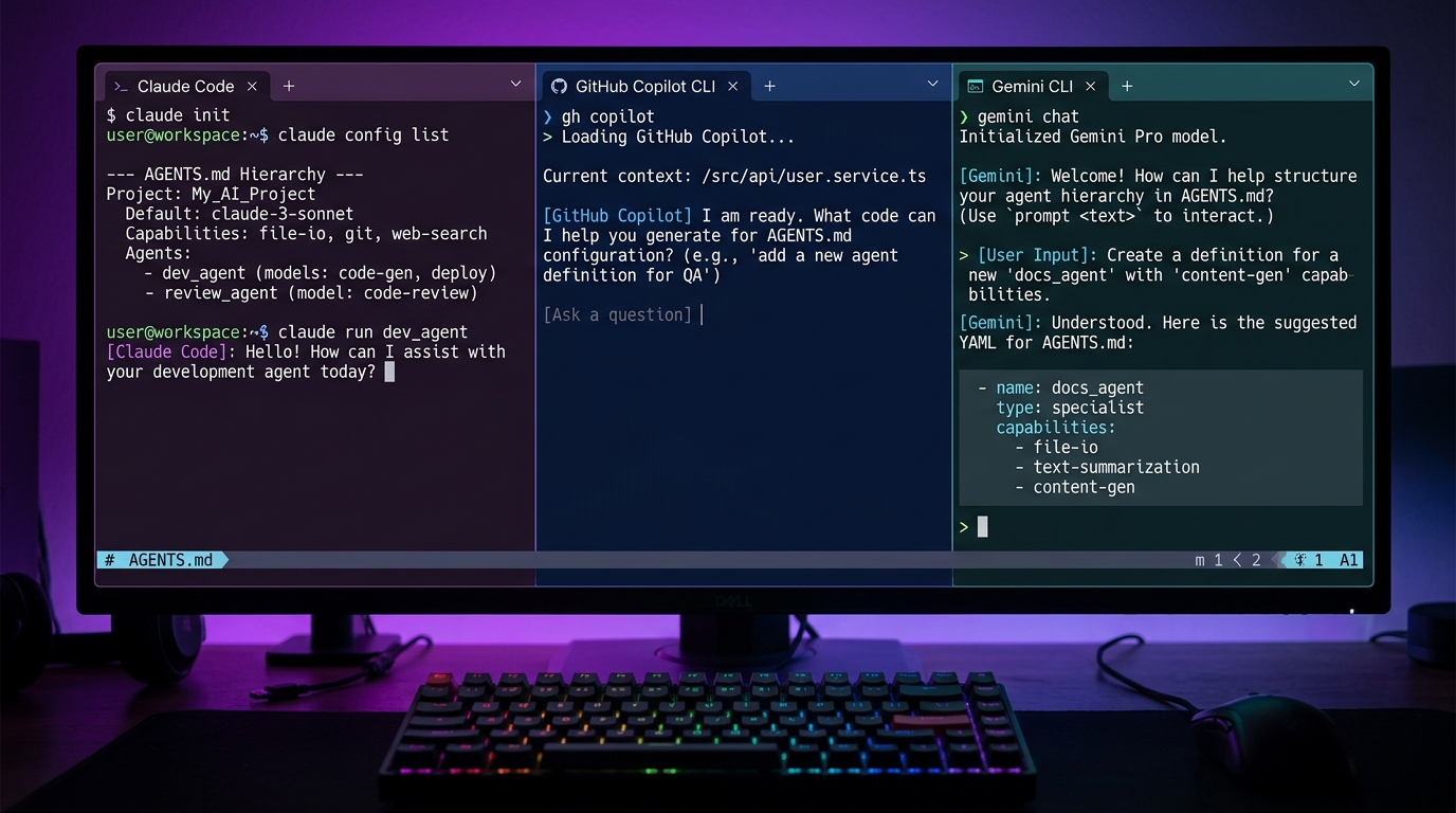 Multi-Agent Terminal Environment: Claude Code, GitHub Copilot CLI, and Gemini CLI